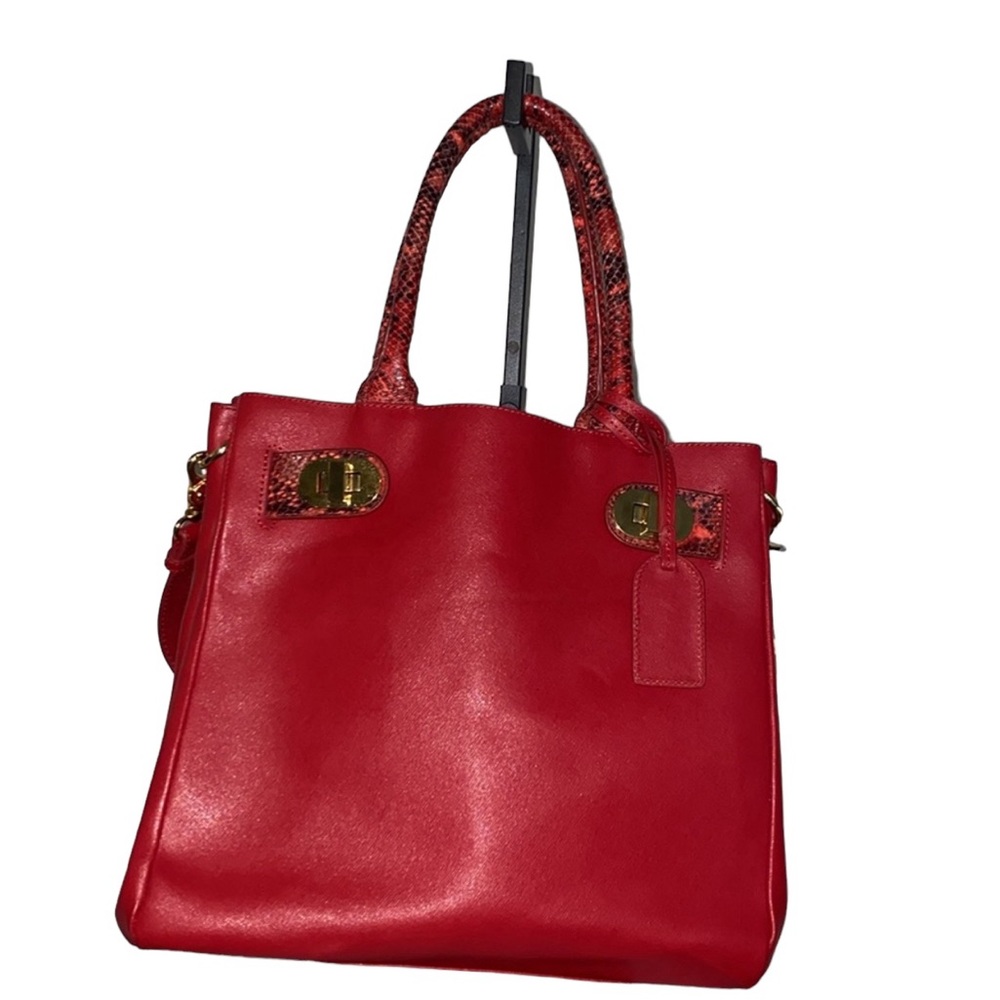 Red leather tote bag with snake  embossed handles